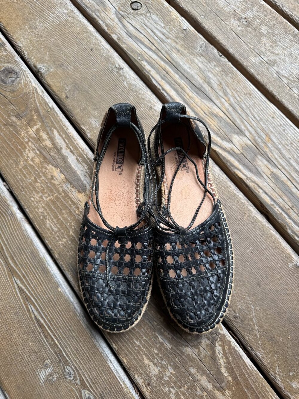 Pikolinos Cadamunt Black Woven Leather Espadrille Wrapped Flat Sandals - EU42/11